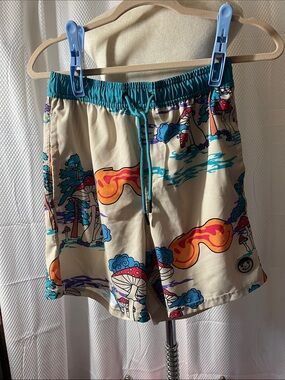 Neff mushroom 🍄 Swim Trunks with Teal Waist and Orange Print size medium men's